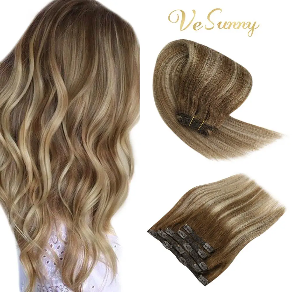 

VeSunny Double Weft Clip in Hair Extensions Real Human Hair 7pcs 120gr Clip Hair Balayage Medium Brown Highlights Blonde #6/60/6