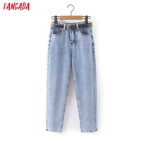 tangada 2021 fashion women mom jeans pants with belt long trousers strethy waist pockets zipper female pants hy41
