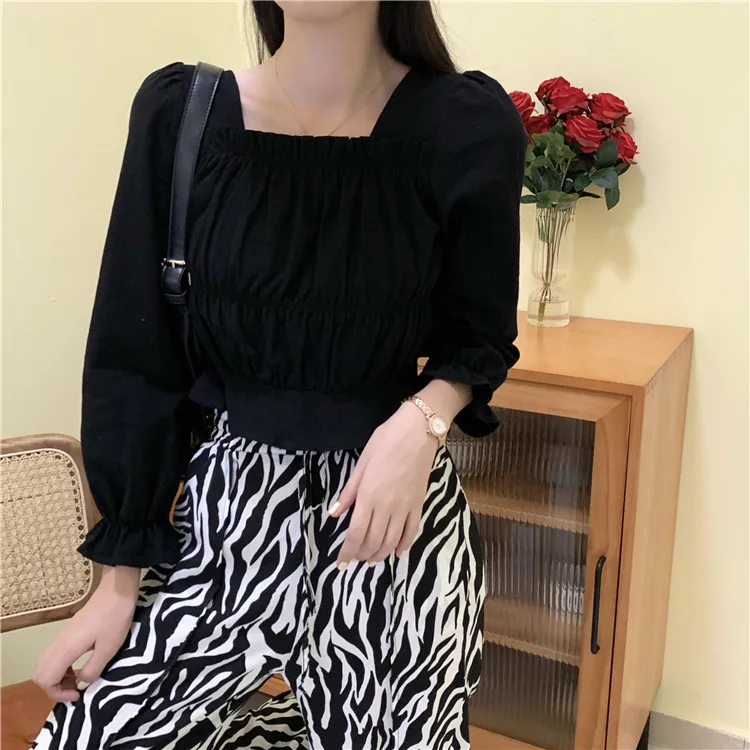 

Solid Korean Clothes Square Collar Autumn Style Long Sleeve Women Shirts Blouses Ins Crop Top Slim Fashion Brand Ladies New