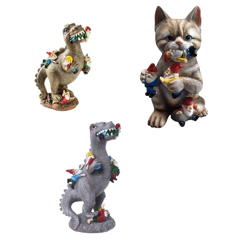 

69HF Landscaping Cats/Dinosaurs Eat Dwarfs Garden Ornament Stone Anti-Fading Outdoor Decoration Art Resin Craft Yard Sculptures