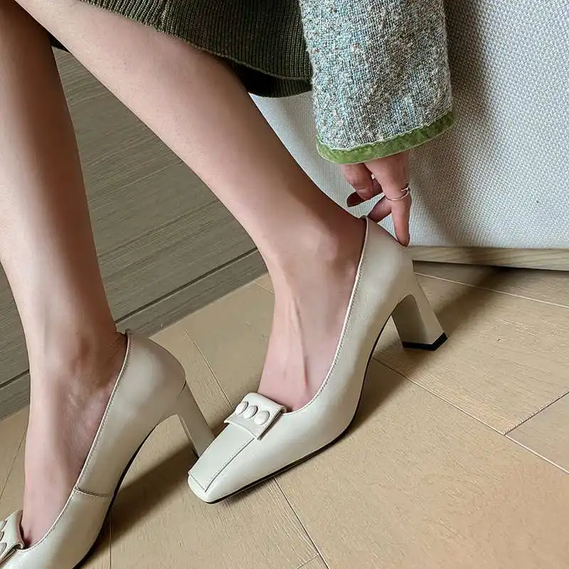 

Vichelo Hot genuine leather square toe high heels French romantic mature young lady daily wear slip on shallow women pumps L50