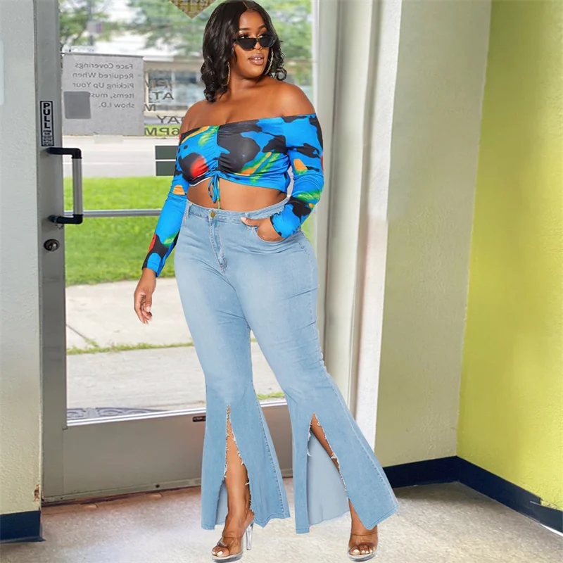 

New Style Ladies Fashion Creative Split Denim Short Pants High Waist Skinny Flared Jeans Slim Fit Bell Bottom Womens Trousers