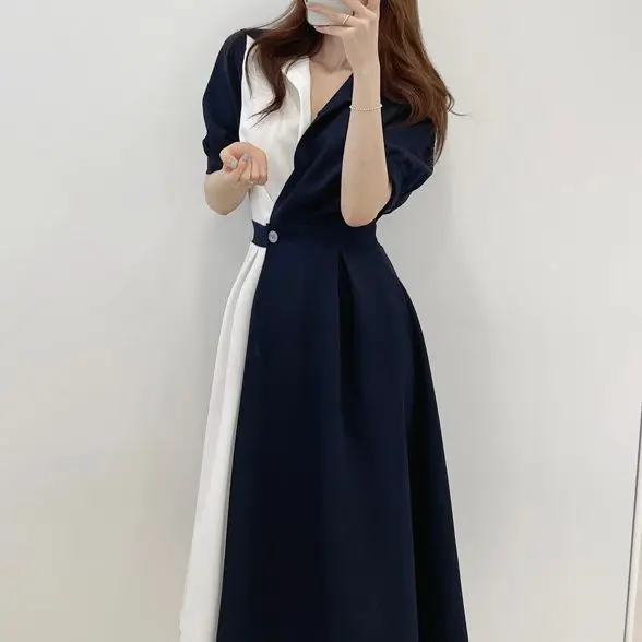 

Ladies Dress Korean Fashion Color Matching Short-Sleeved Long Skirt 2021 Summer Lapel Mid-Length Ladies Vestido Women'S Clothing