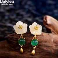 uglyless elegant plum blossom earrings for women chalcedony dangle earrings real 925 silver brincos bijoux jade gemstone jewelry