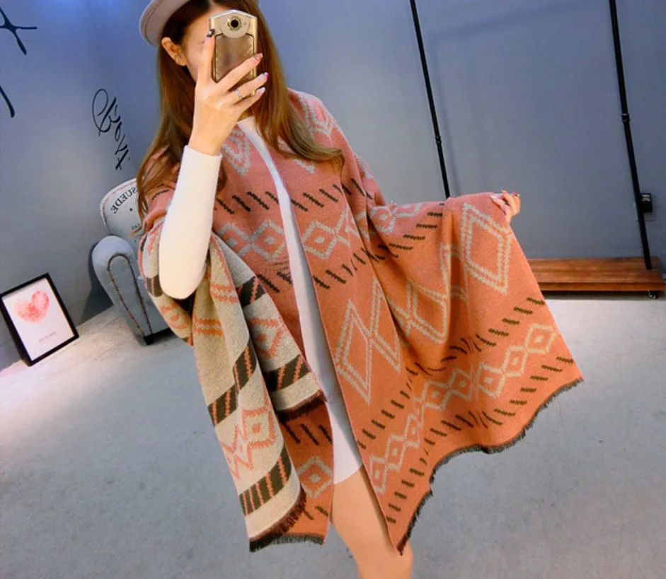 Женский зимний шарф в стиле пэчворк толстый теплый мягкий кашемировый