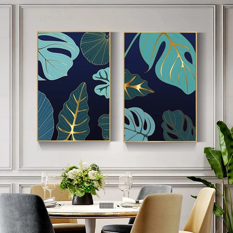 

Canvas Painting Modern Abstract Gold Foil Leaf Green Nordic Poster Wall Art Picture Living Room Home Decoration Mural Unframe