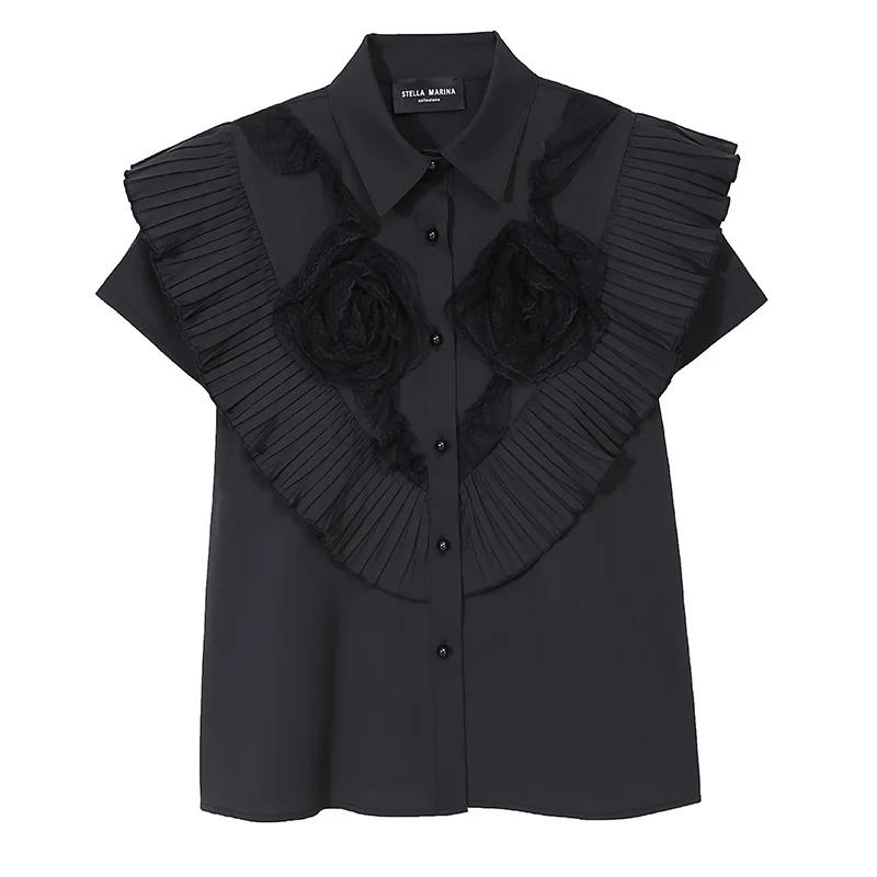 

SuperAen 2021 Summer New Design Solid Turn Down Collar Appliques Short-sleeved Shirt Women Tops