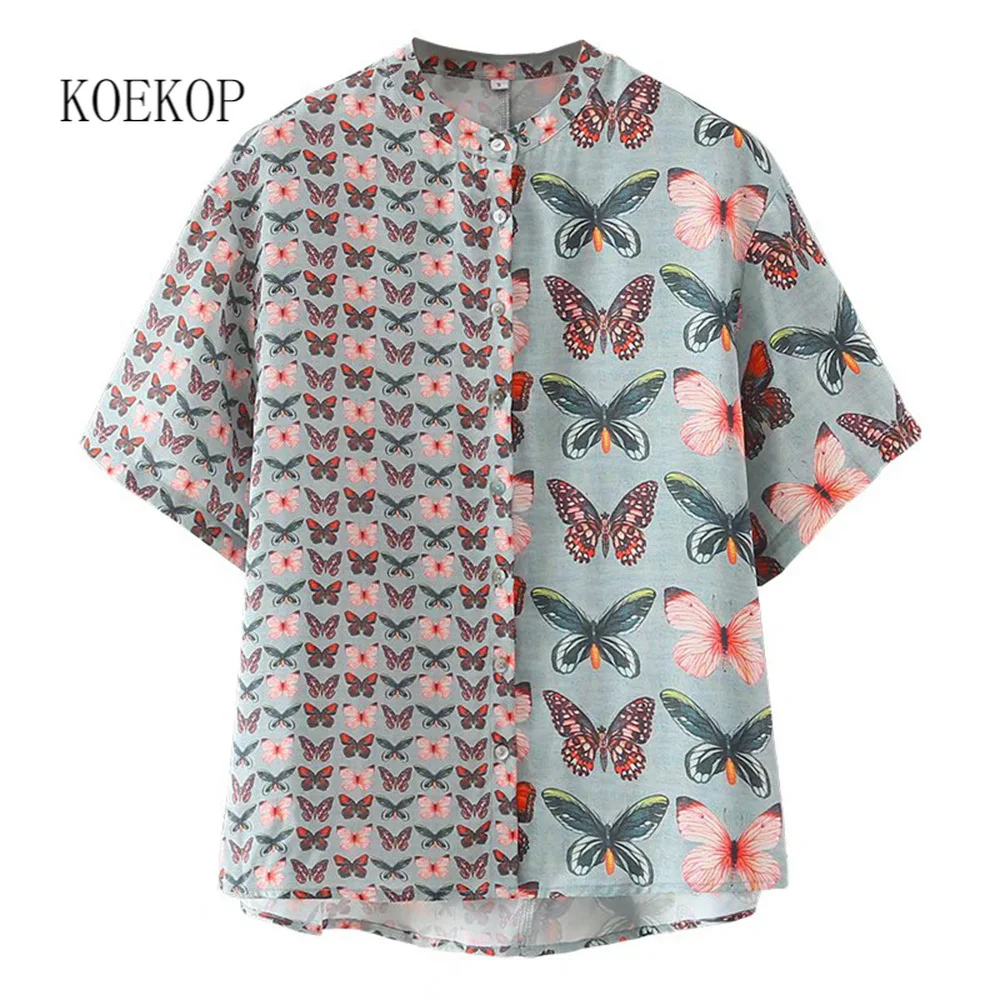 

Koekop Women Fashion Contrast Butterfly Print Shirt Round Neck Half Wide Sleeves Single-breasted Hawaiian Style Shirt Woman