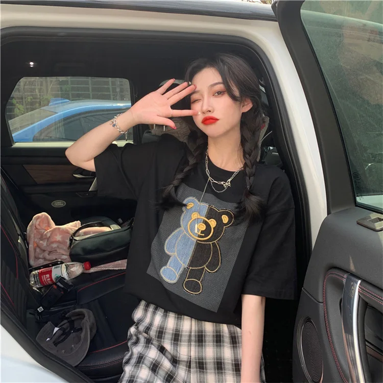 

Summer New Korean Version 2021 New Hit Color Bear Loose Mid-length BF Wind Short-sleeved T-shirt Women