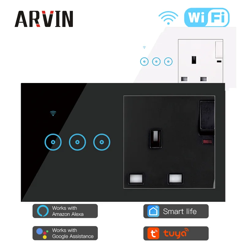 

Tuya UK Smart Touch wall lamp switch socket 3 Gang British electrical standards Smart Switch Compatible Alexa Google AC95-240V
