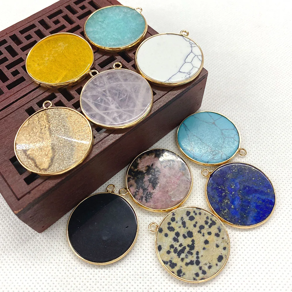 

2 Pieces of Natural Stone Pendants with Colorful Round Shape and Golden Edging Suitable for Making Gift Jewelry Decoration