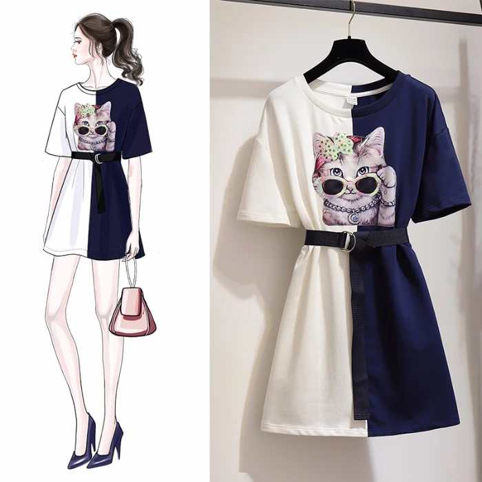 Платье женское летнее с блестками и аппликацией в виде кошки | Женская одежда