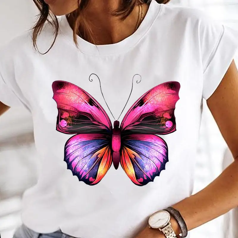 

Women Cartoon Lady Style Spring Summer Fashion Clothes Butterfly Print Short Sleeve Tops Graphic Tees Female Tshirt T-Shirt