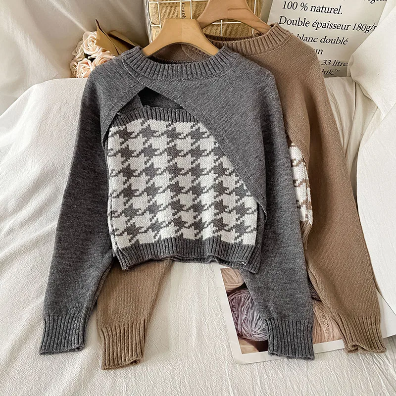 

Новинка 2021, зимний модный темпераментный свитер с круглым вырезом, Женский клетчатый свитер, костюм из двух предметов KK1455