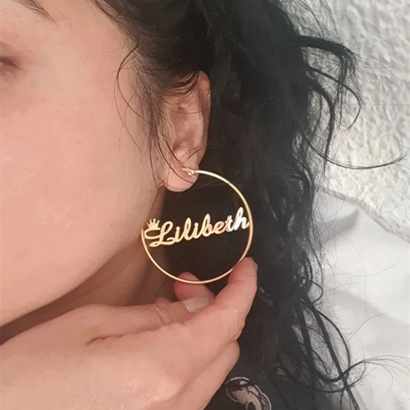 

1Pair Custom Name Hoop Earring Personalized Gold Color Stainless Steel Drop Dangle Earring Women Letter Nameplate Circle Jewelry