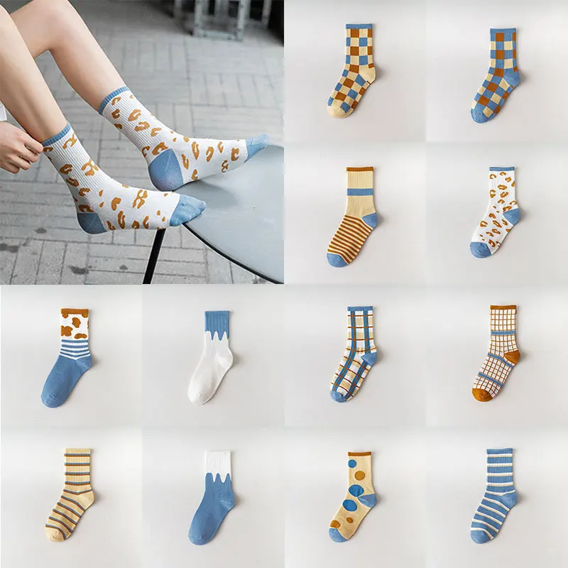 

Fashion Women's Cotton Socks Long Socks Harajuku Middle Tube Socks Patchwork Plaid Striped Color Socks Comfortable Collage Style