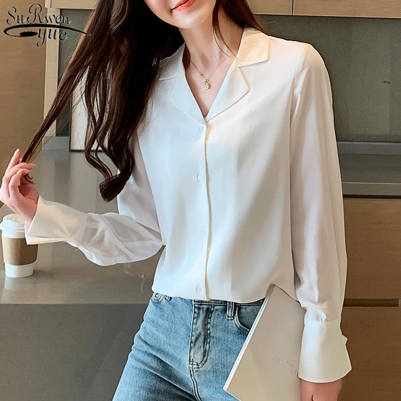 

2021 Autumn Suit Collar Chiffon Blouse OL Blusas Mujer De Moda 2021 Blusas Office Lady Women White Long Leeve Shirts Solid 10550