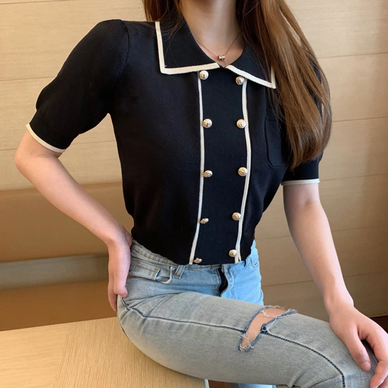 

2021 Summer New Vintage Polo Collar Blouses Women Streetwear Knitted Double Breasted Tops Female Tide Aesthetic Patchwork Blusas