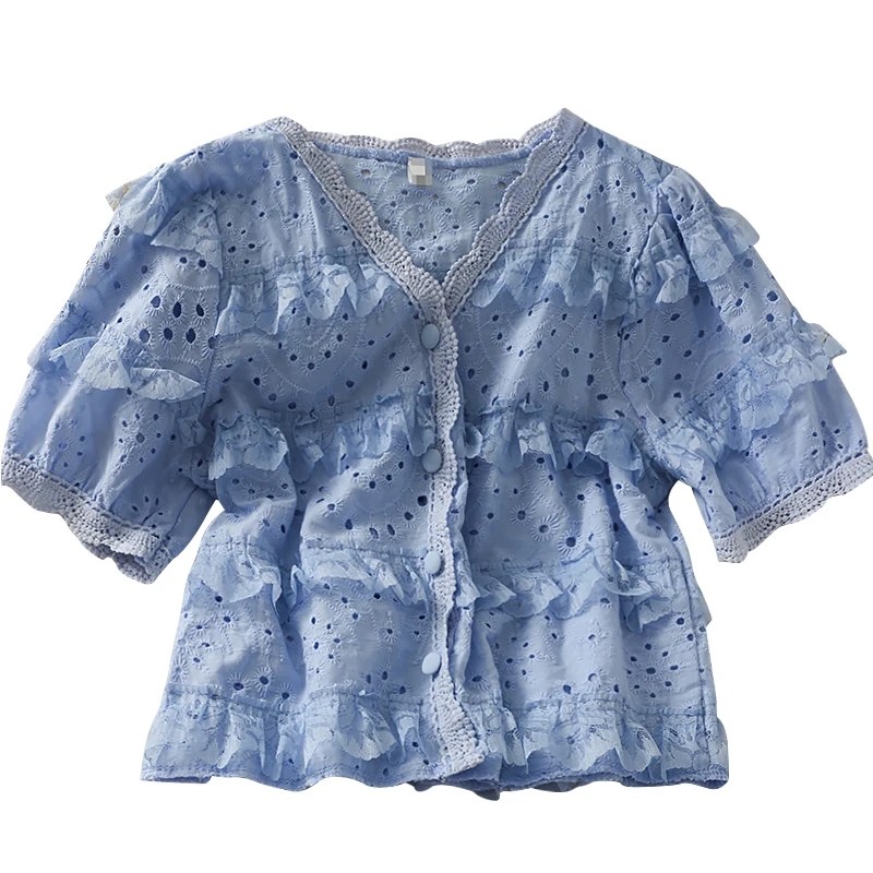 

Lace Stitching Wavy Short Top Women 2021 Summer V-neck Puff Sleeve Hollow Small Shirt
