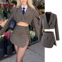 ppyqykx za short blazers 2021 womens autumn fashion suits with skirt tweed sexy office split mini skirt 2 piece casual sets