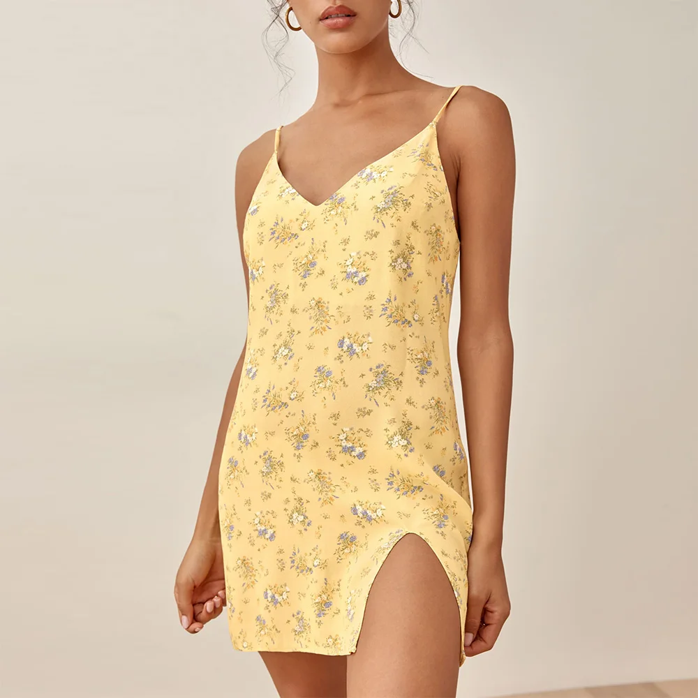 

платье женское летнее 2021 v образным вырезом без рукавов с цветочным принтом короткое пляжное платье женская одежда на бретельках сексуальн...