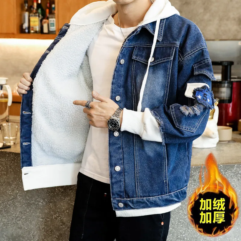 Новая мужская куртка и пальто модная теплая флисовая джинсовая зимняя верхняя