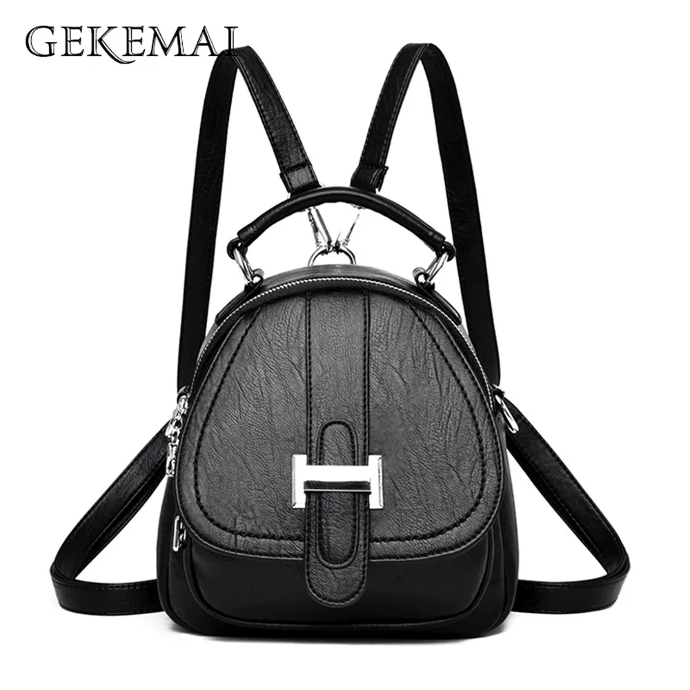 

Fashion Small Backpack Women Belt Buckle Genuine Leather Purse Mobile Phone Simple Ladies Multifunction Bagpack Girls School Bag