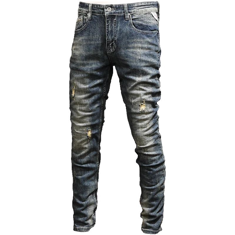 European Vintage Fashion Men Jeans Retro Washed Elastic Slim Fit Ripped Jeans Men Patchwork Designer Casual Cotton Denim Pants