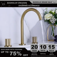 brushed gold brass deck mounted dual holder three hole mixed cold and hot basin mixer water bathroom sink faucet