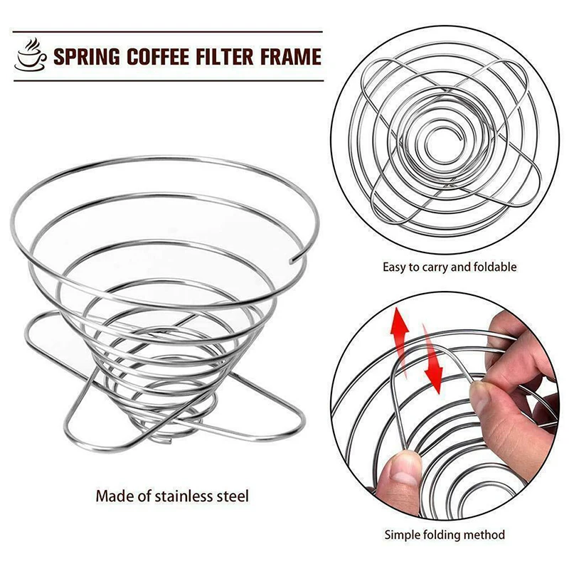 

Stainless Steel Coffee Filters Cup Spring 2-4cups Foldable Portable Mini Coffee Filter Holder Kitchen Spring Type Storage Frame