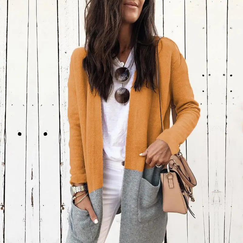 

Новая женская модная цветная Удобная универсальная трикотажная одежда кардиган с длинными рукавами и карманами