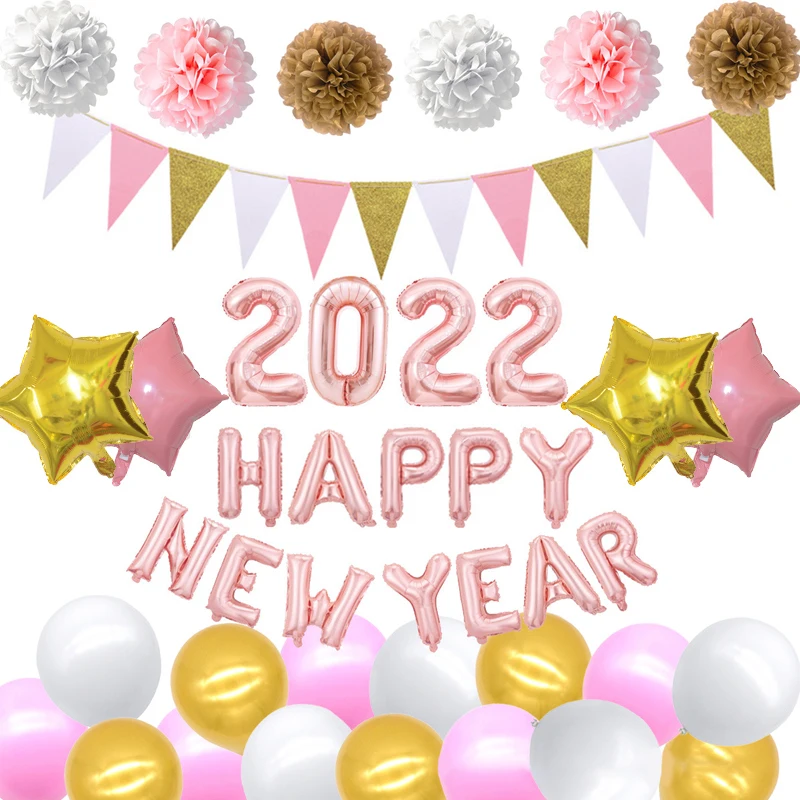

New Year Party Decoration Balloon Set Rose Gold 2022 Happy New Year Banner Pink Gold Latex Ball Star Foil Balloon for 2022 Party