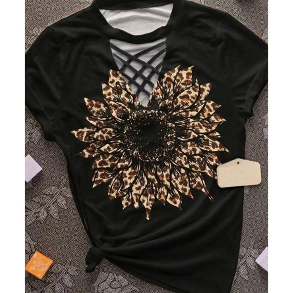 Женская Футболка модная летняя с короткими рукавами и принтом подсолнухов топы