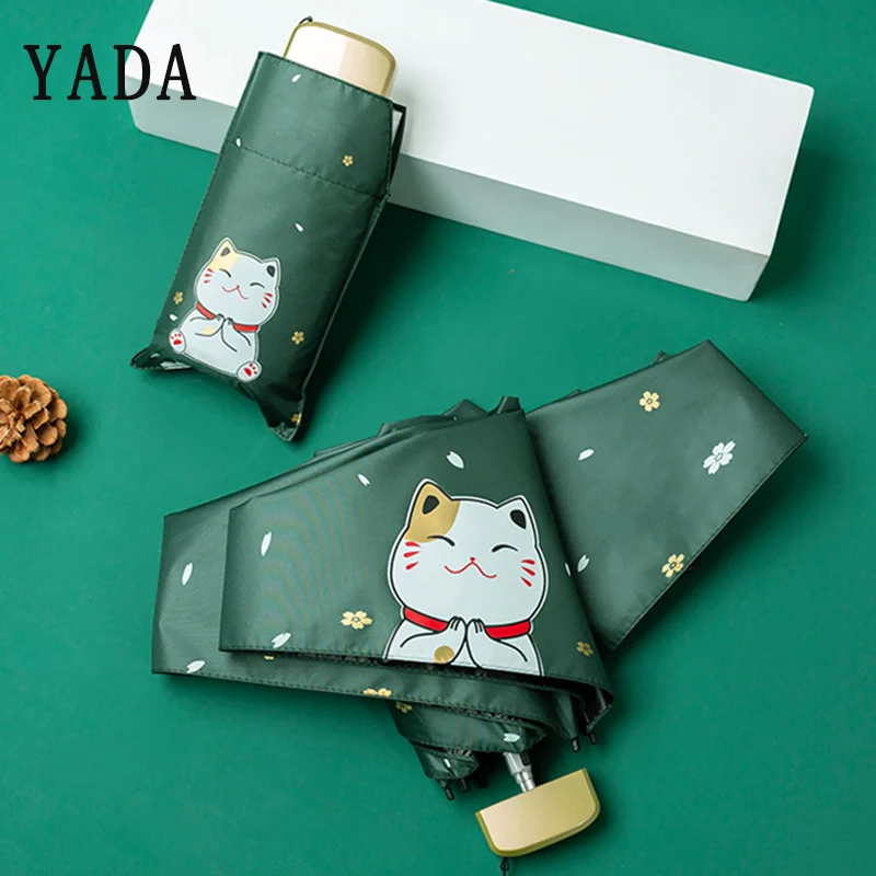 

YADA Ultralight Mini Cartoon Cat Umbrellas Rain uv Flat Handle Five Folding Clear Umbrellas For Womens Windproof Umbrella YS882