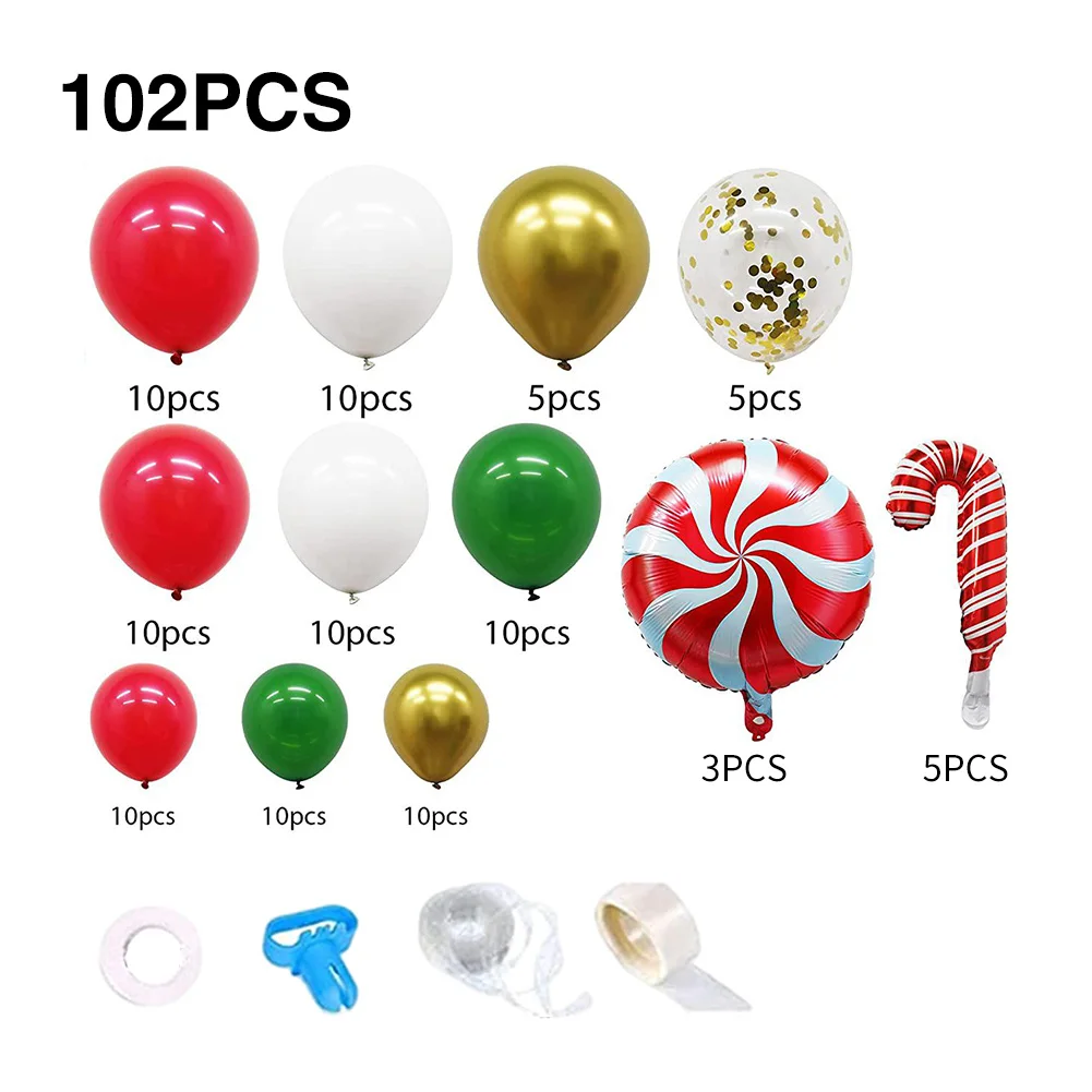 

102PCS Christmas Balloons Garland Arch Kit Green Red White Gold Confetti Candy Foil New Year Balloons Xmas Party Decorations