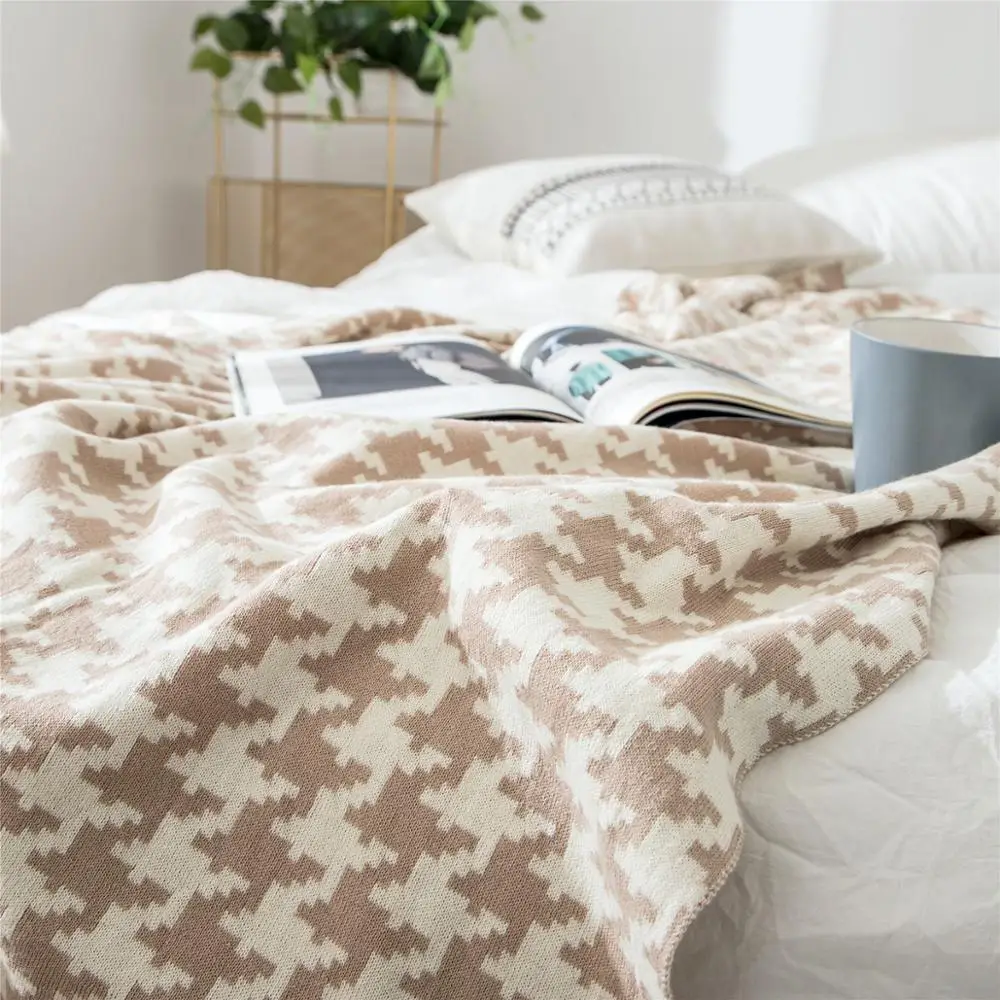 REGINA Classic Houndstooth Plaid Blankets Soft Cotton Sofa Knitted Throw Blanket Bed Single Queen King Bedspread Quilt Blankets