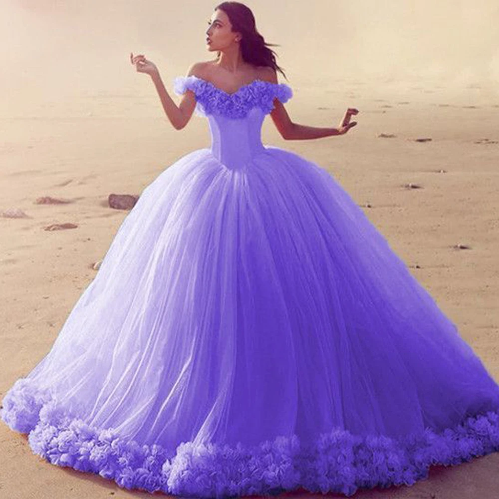 

ball gown prom dresses 2021 off the shoulder hand made flowers 3d flowers tulle long evening dresses formal dresses