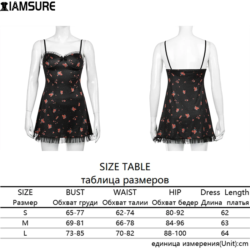 

IAMSURE Floral Print Dress Women Summer Vintage Prairie Chic Sexy Black Lace Trim Spaghetti Strap Mini Dresses 2021 New Fashion