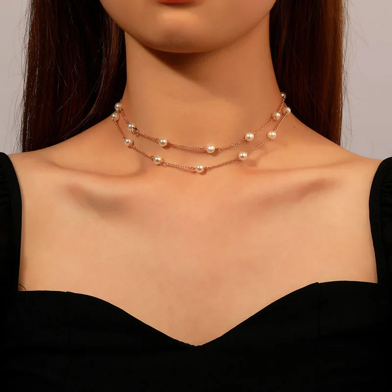 

Simple Personality Double-layer Clavicle Chain Necklace Temperament Metal Copper Pearl Necklace for Women Party Jewelry Gift