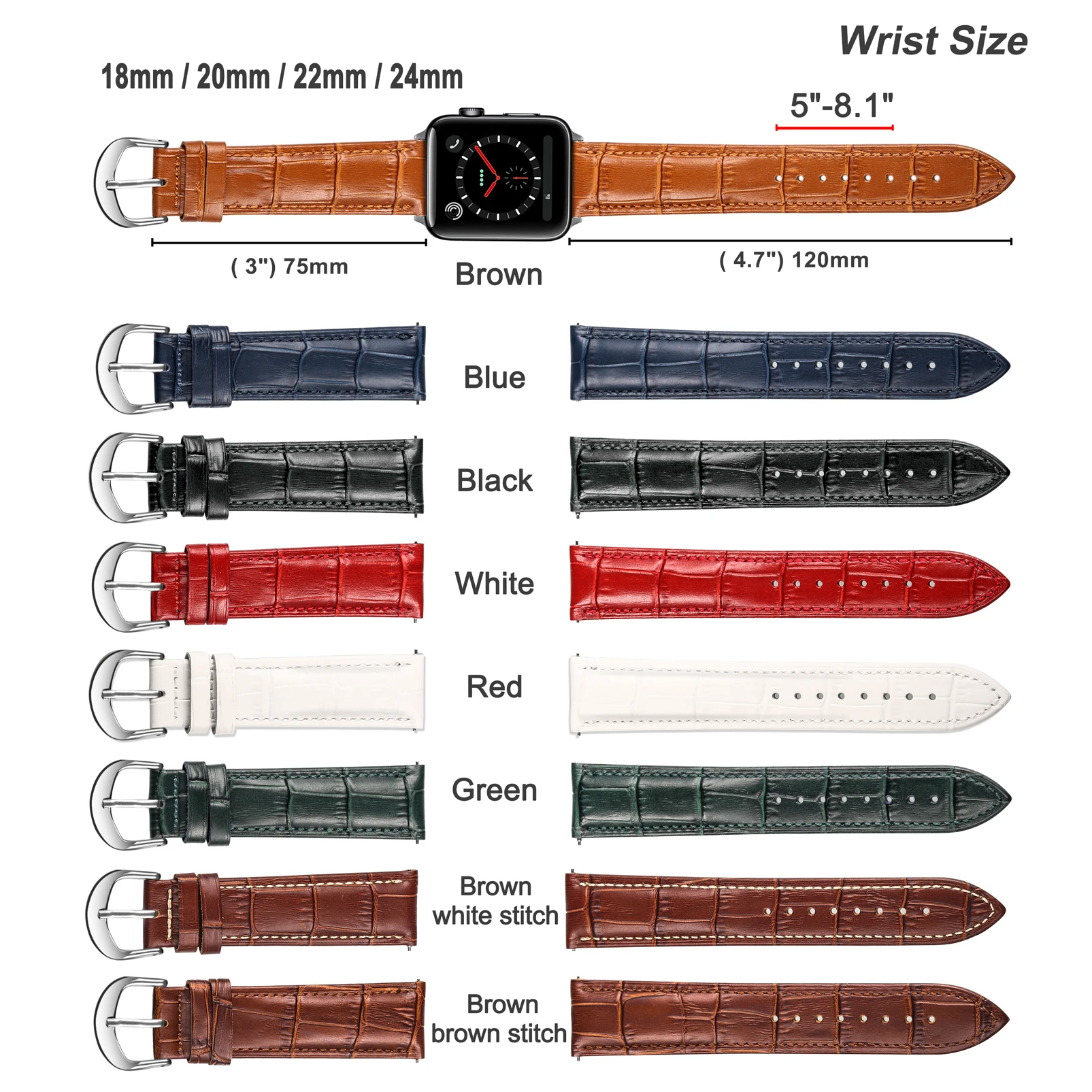 Alligator Embossed Leahter Watch Band Quick Release Brown White Stitch Top Grain Replacement Watches Strap 16mm 18mm 20mm 22mm | Наручные