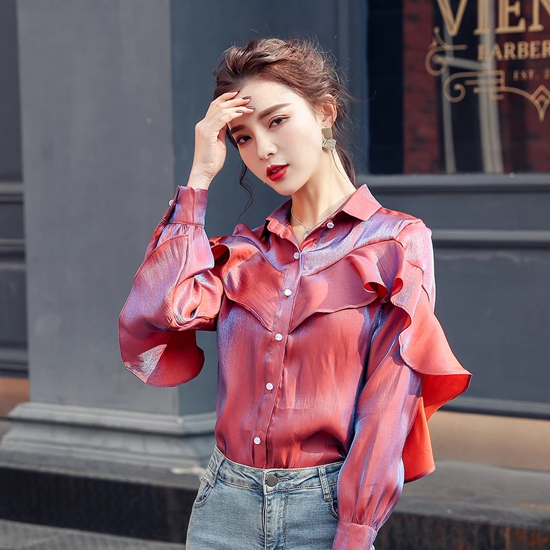 

2020 Spring Shirts Women Korean Ruffles Long Sleeve Office Lady Blouse Print Womens Tops Women Long Sleeve Shirts