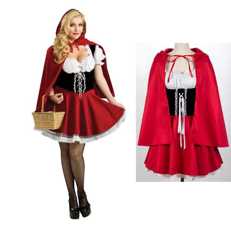 Halloween Women Little Red Riding Hood Costume Christmas Party Dress with Cape Fancy Dress