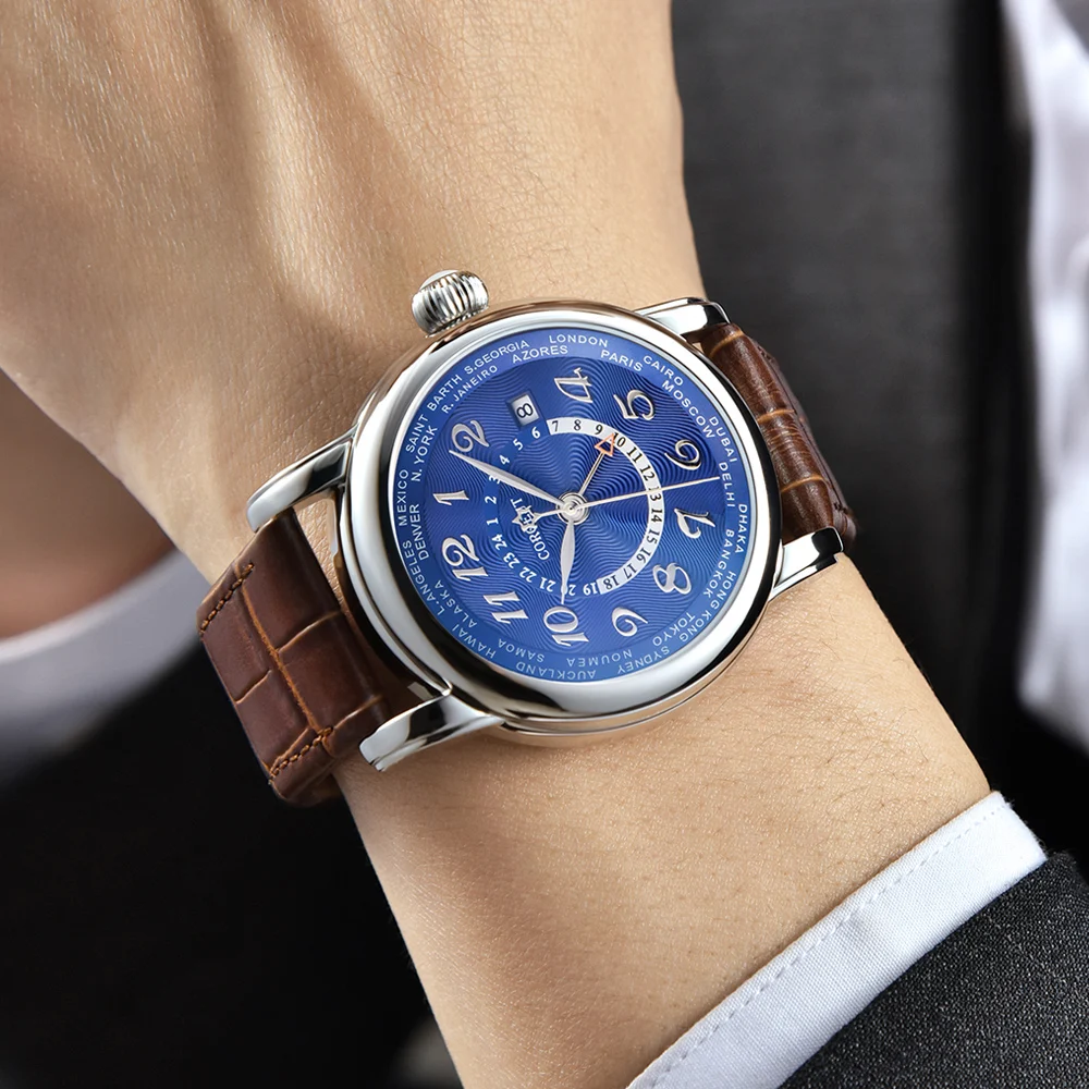 Часы мужские механические с кожаным ремешком двойным часовым поясом|Мужские
