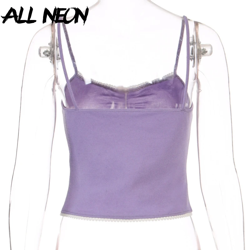 ALLNeon милые летние топы на бретелях-спагетти E-girl однотонные с рюшами и бантом
