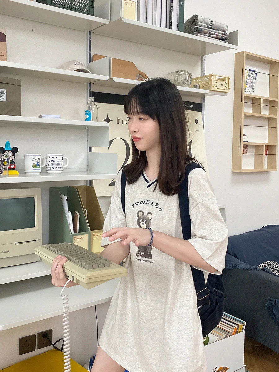 Специальная футболка Showa Тедди мишка юбка с принтом короткий рукав V-образный