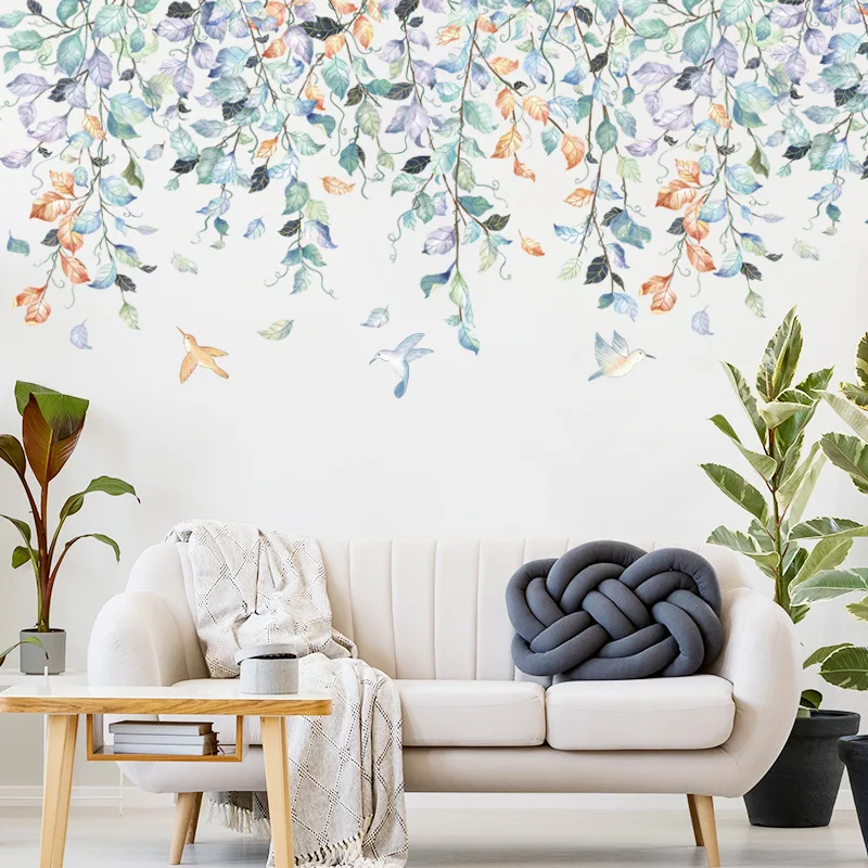 

Nordic Rattan Plant Leaves Wall Stickers Home Decor Accessories Living Room Bedroom Self-adhesive Wallpaper Corners Skirting