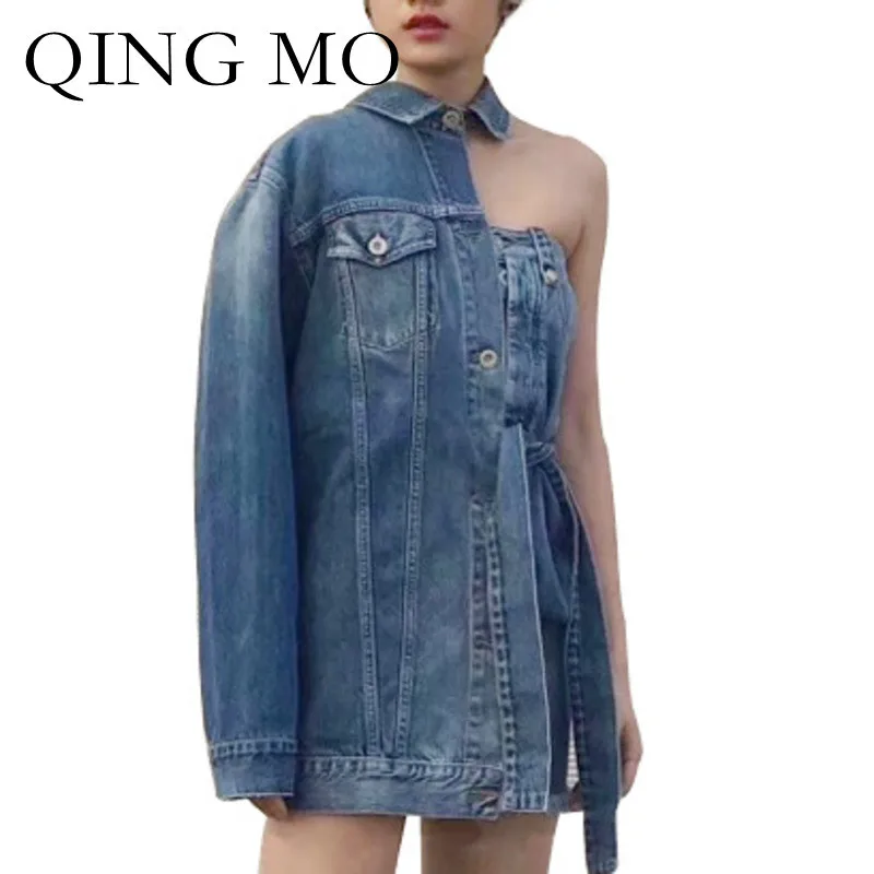 

Женская джинсовая куртка с открытыми плечами QING MO, синяя свободная куртка из денима, уличный стиль, модель ZWL259 на лето, 2021