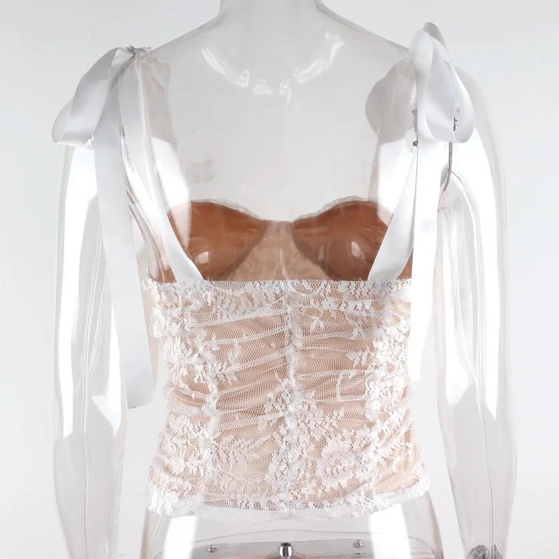 

Garden Lace Camisole Women Summer Sweet Bow Tie Up Strap Tops Sexy Corset-style Backless Ruched Mesh Cropped White womens tops