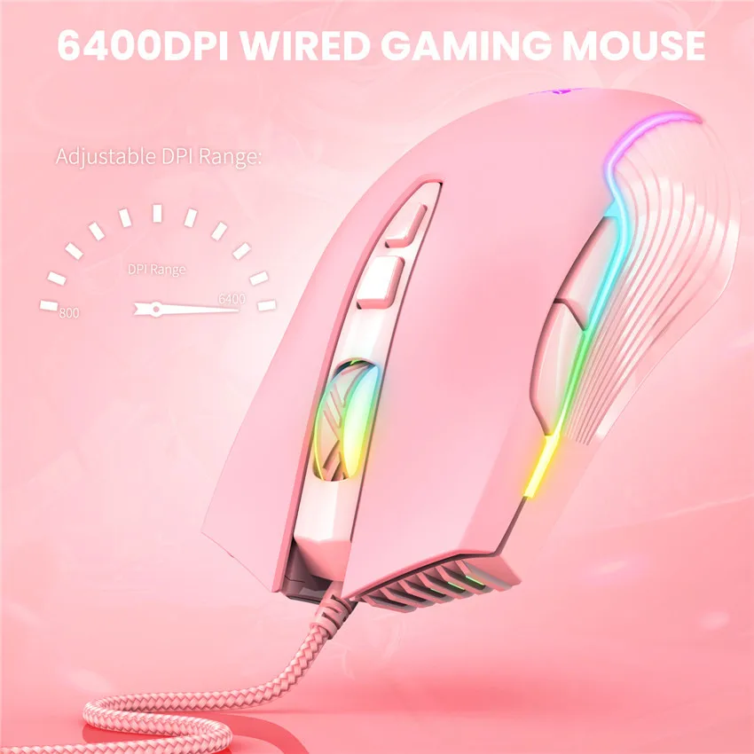 onikuma cw905 wired gaming mouse usb 6400 dpi pink game mice with breathing led colors for laptop pc gamer free global shipping