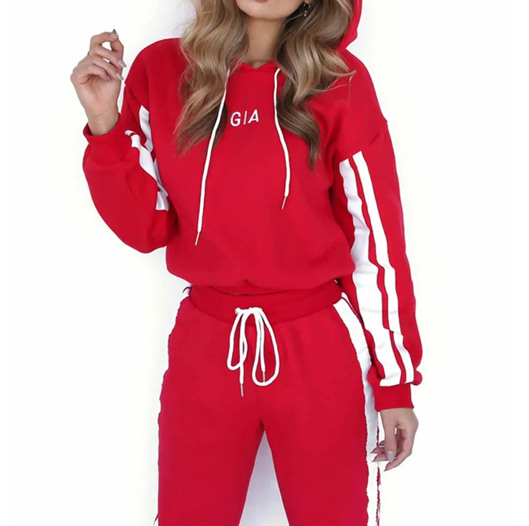 autumn two piece set Women Casual Colorblock Striped Hooded Long Sleeve Crop Tops+long Pants Running Workout Fitness Sports Suit